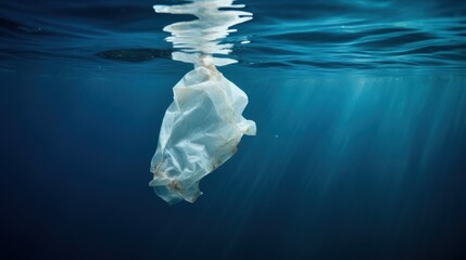 Plastic bag floating underwater in the deep blue sea - obrazy, fototapety, plakaty