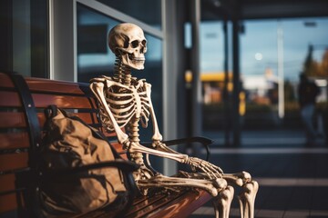 Skeleton sitting on a bench in a public transportation terminal with luggage - concept of waiting forever due to delays - obrazy, fototapety, plakaty