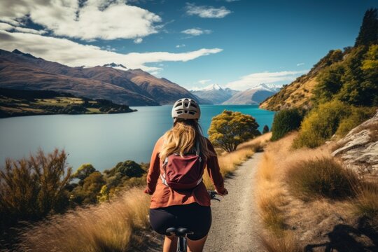 A cyclist enjoys a scenic ride along a trail on lake shore in New Zealand