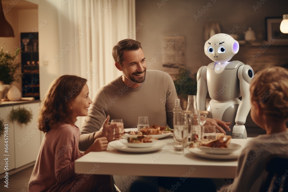 Poster friendly ai robot transforms chores, family interaction in a futuristic home scene