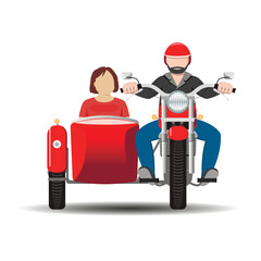A man and a woman ride a motorcycle with a sidecar, front view. Freedom to travel. Vector.