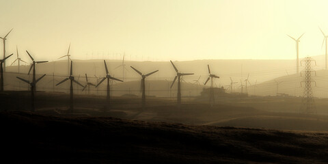 Many wind generators on the hills of San Francisco: Wind turbines, windmills over mountain near San...