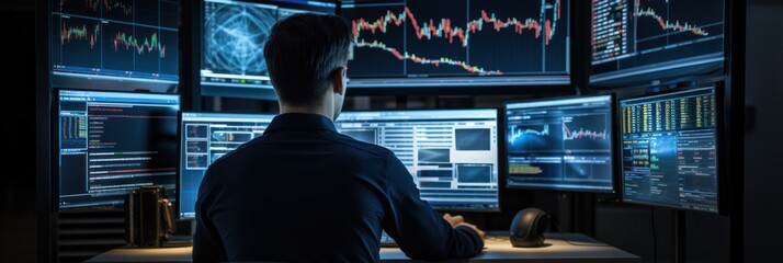 Analyst evaluates AI-generated financial trends on monitors, modernizing stock trading approaches - obrazy, fototapety, plakaty