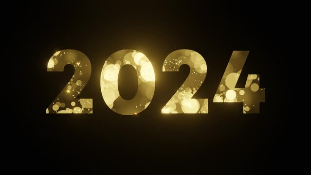 Happy New Year 2024 background with golden glitter particle overlay. Seamless loop 4k video animation.