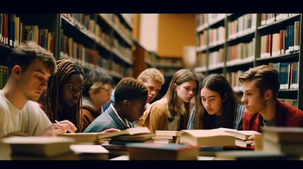 Group of Diverse Students Studying at a Modern Library - obrazy, fototapety, plakaty