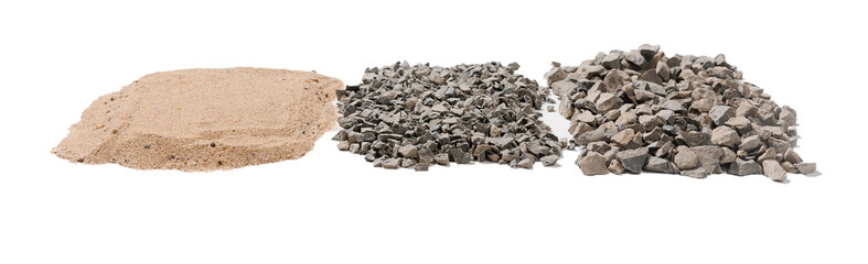 Raw construction materials, pile of sand and gravel or crushed stone for on white isolated background - obrazy, fototapety, plakaty