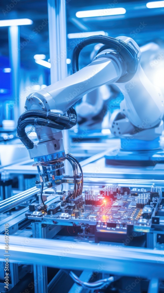 Poster ai-driven robotic arm in factory perfects electronic assembly, manufacturing precision incarnate