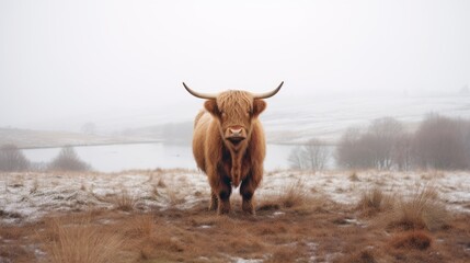 Highland cow in a winter wonderland