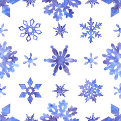 Seamless pattern watercolor filigree snowflakes with aquarelle texture violet blue splatters,dots,splashes in different shapes on white background.Backdrop for christmas,new year,X-mas