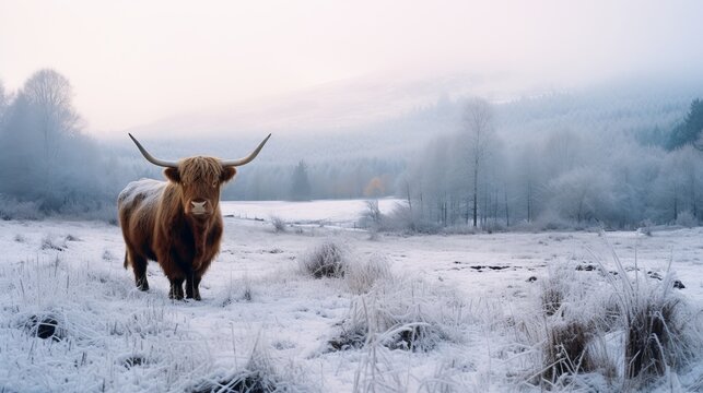 Highland cow in a winter wonderland