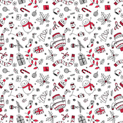 Black,white,red simple doodle hand drawn christmas illustrations background.Print xmas,new year party wrapper,cards,invitations,design