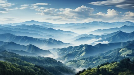 Fototapeta na wymiar Blue foggy mountain landscape with clouds and sun