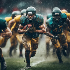 American football players in dynamic action is running with ball at stadium under rain, sport...