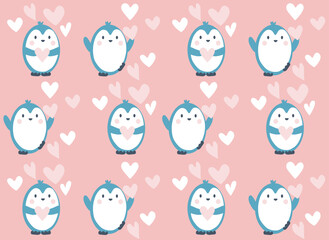 Happy Valentine's day card with abstract cartoon penguin and hearts