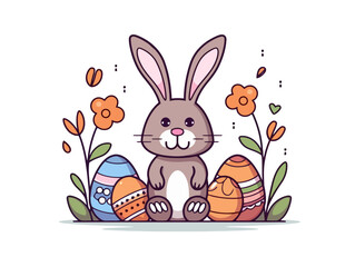 Doodle Easter Bunny with eggs, cartoon sticker, sketch, vector, Illustration, minimalistic