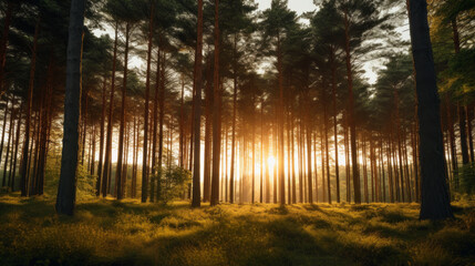 A dense forest of tall trees stretches out into the horizon, the setting sun creating a beautiful canopy of golden light