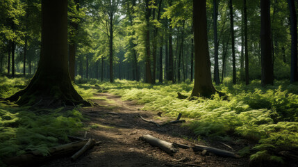 Obraz premium A dense forest looms in the distance, its towering trees casting a deep shadow over the surrounding area A small path winds through the trees, leading to mysterious places