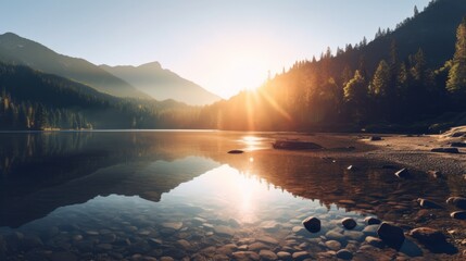Serene Sunrise over Mountain Lake - obrazy, fototapety, plakaty