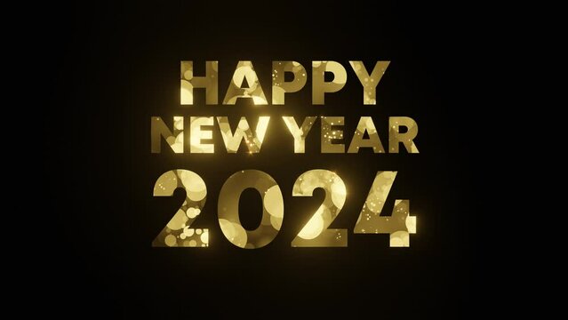 Happy New Year 2024 background with golden glitter particle overlay. Seamless loop 4k video animation.