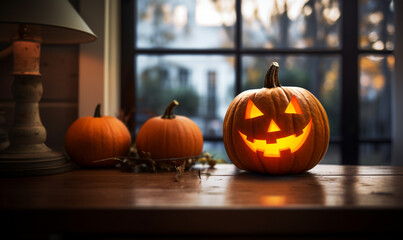 Obraz premium Halloween house interior decoratedof a burning pumpkin