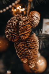 Creative details, winter decorations. Christmas tree decorated with dry pine cones.