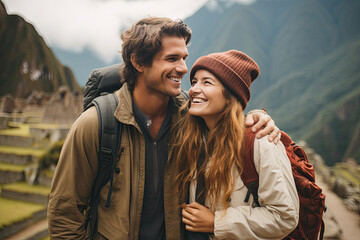 A young couple, deeply in love, embraces in the beauty of nature during an adventurous hiking trip.