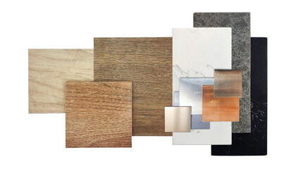 wood, artificial stone, stainless texture. ceramic tiles, quartz, metallic samples isolated on background with clipping path. texture of modern surface decorating for interior design.