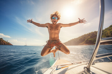 A young man jumps off a boat into the ocean on a summer vacation adventure.