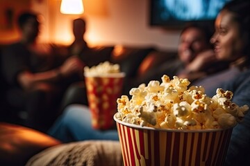 young couple, sitting on a comfortable sofa at home, enjoying popcorn while watching a thrilling horror movie.