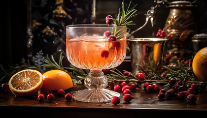 Winter cocktail. A drink for New Year's holidays. The atmosphere of Christmas and a cozy feast.