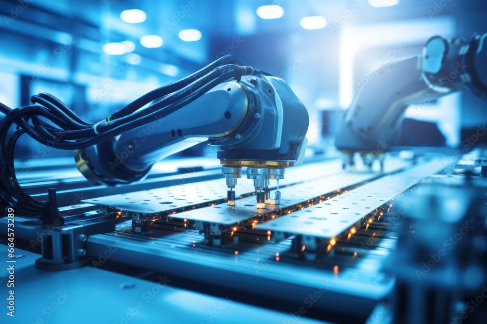 Poster robotic arm in factory seamlessly assembles electronics, ai-manufacturing in action
