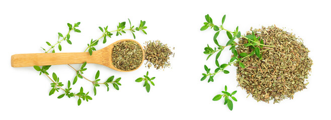 Dried thyme leaves in the wooden spoon, with fresh thyme isolated on white background. Top view - obrazy, fototapety, plakaty