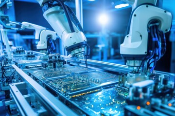 Robotic arm skillfully orchestrates electronic assembly epitomizing AI-driven manufacturing