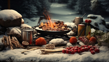 Picnic on the fire, against the background of the winter forest. Winter trip to nature. Food on griil  in winter. Cooking in nature.
