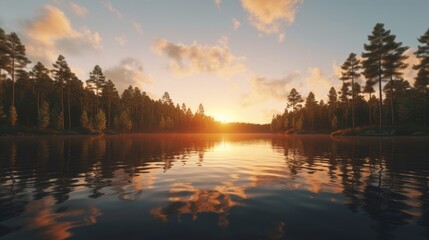 Fototapeta premium Tranquil Sunset Reflections over a Serene Lake