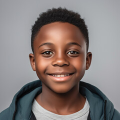 Portrait Black cheerful happy boy with smile under photo studio light. 