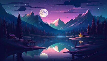 Moonlight mountain scene, house beside a lake.