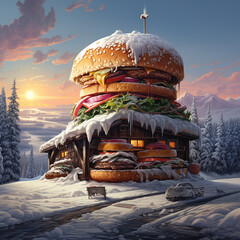 The original burger. Winter period. House in the form of food. Big burger in the forest in the snow. - obrazy, fototapety, plakaty