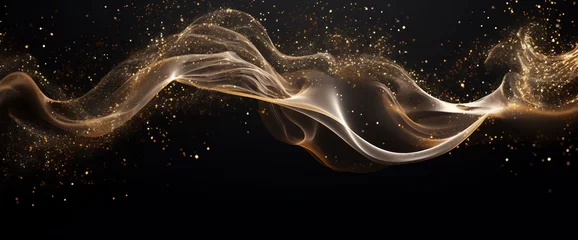 Gordijnen Abstract luxury shiny golden wave design element on black background. The golden color of a transparent smoky wave. © Canvas Alchemy