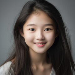 Naklejka premium Portrait Asian cheerful happy smile girl under photo studio light.