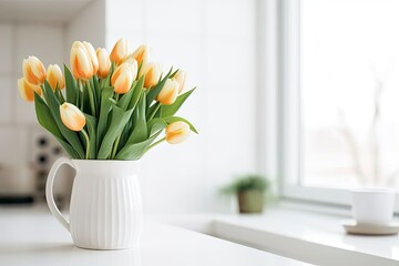 A bouquet of tulips on a white table. - obrazy, fototapety, plakaty