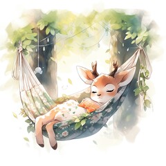 A sleepy baby deer in a hammock. watercolor illustration.
