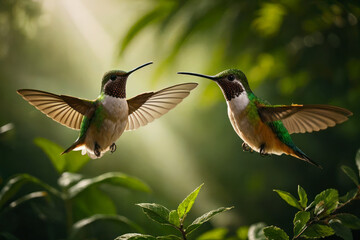 Fototapeta premium A pair of rare hummingbirds in flight, their vibrant colors a striking contrast against the lush green foliage of a tropical rainforest. Wildlife concept of ecological environmen
