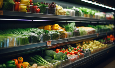 Fresh organic vegetables on a shelf in a supermarket, Shopping tomatoes, pepper peppers, cucumbers in a supermarket, healthy consumerism food concept.