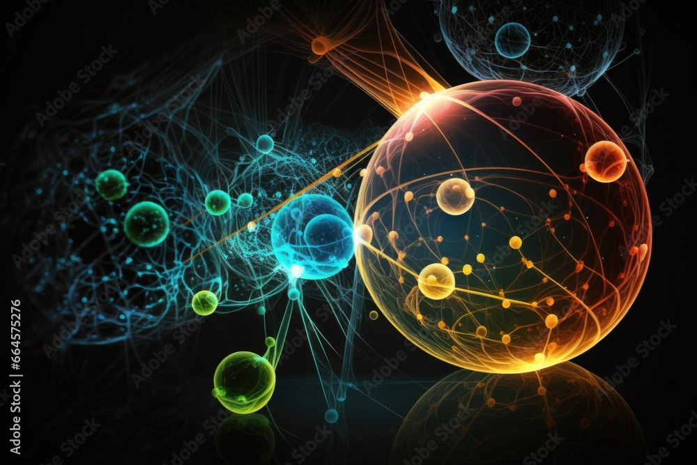 Poster atom and neurons in abstract background. science and technology concept