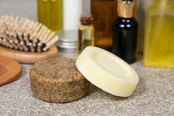 Obraz na płótnie Canvas Solid shampoo and conditioner for hair. Natural eco-friendly organic cosmetics