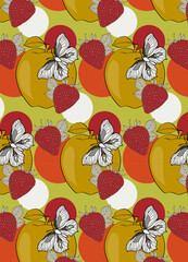  Seamless pattern with apples and strawberries on the green background.