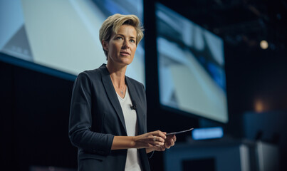 Business Woman on stage at conference holding a presentation of a new product, Speaker having a lecture about digitization, engineering, sustainability, automation.