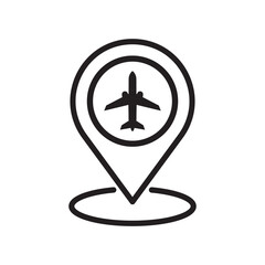 Airplane in location pin symbol. Plane, aircraft icon or sign concept. Placeholder and flight icon. Airport location icon