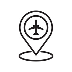 Airplane in location pin symbol. Plane, aircraft icon or sign concept. Placeholder and flight icon. Airport location icon